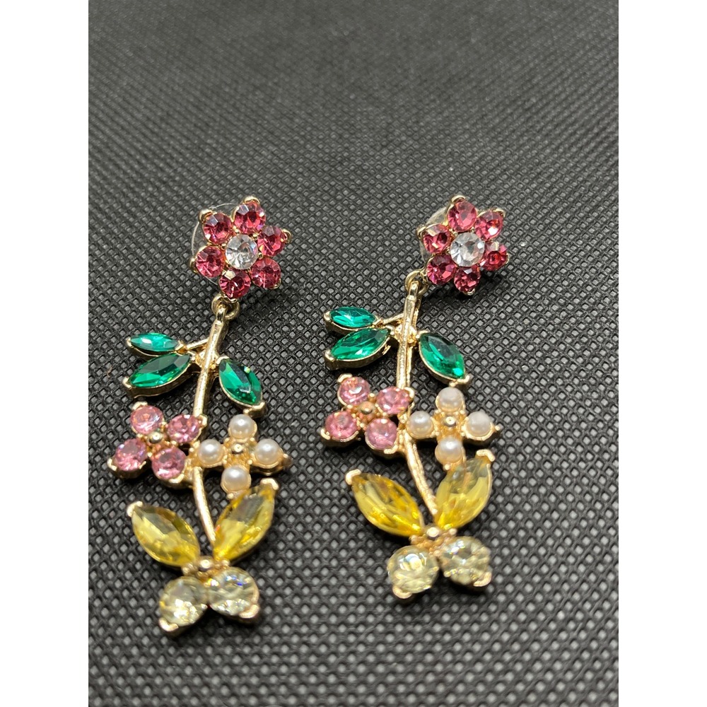 Gold Tone Multi Color Rhinestone Flower Vine Drop Earrings Faux Pearl Floral